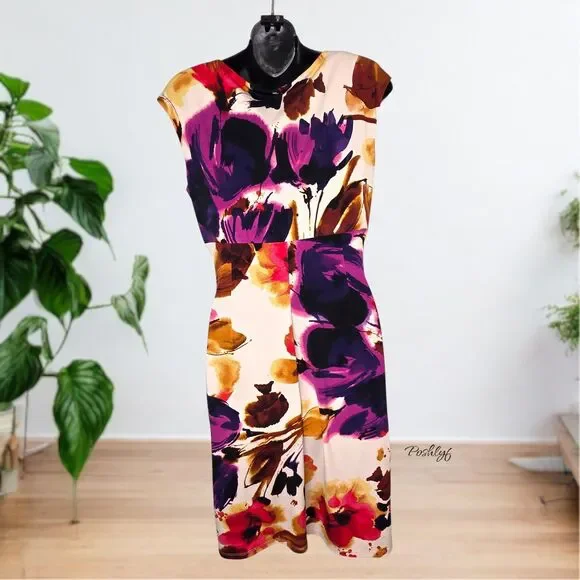 Ralph Lauren Floral Faux Wrap V Neck Ruched Sleeveless Dress 10P - Picture 2 of 11